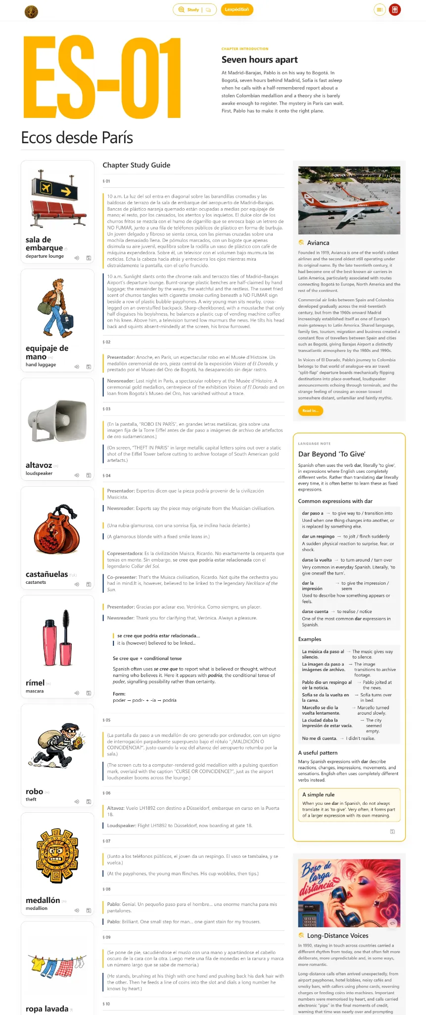 Full chapter study guide for ES-01, showing vocabulary, the Spanish and English passages, and contextual notes