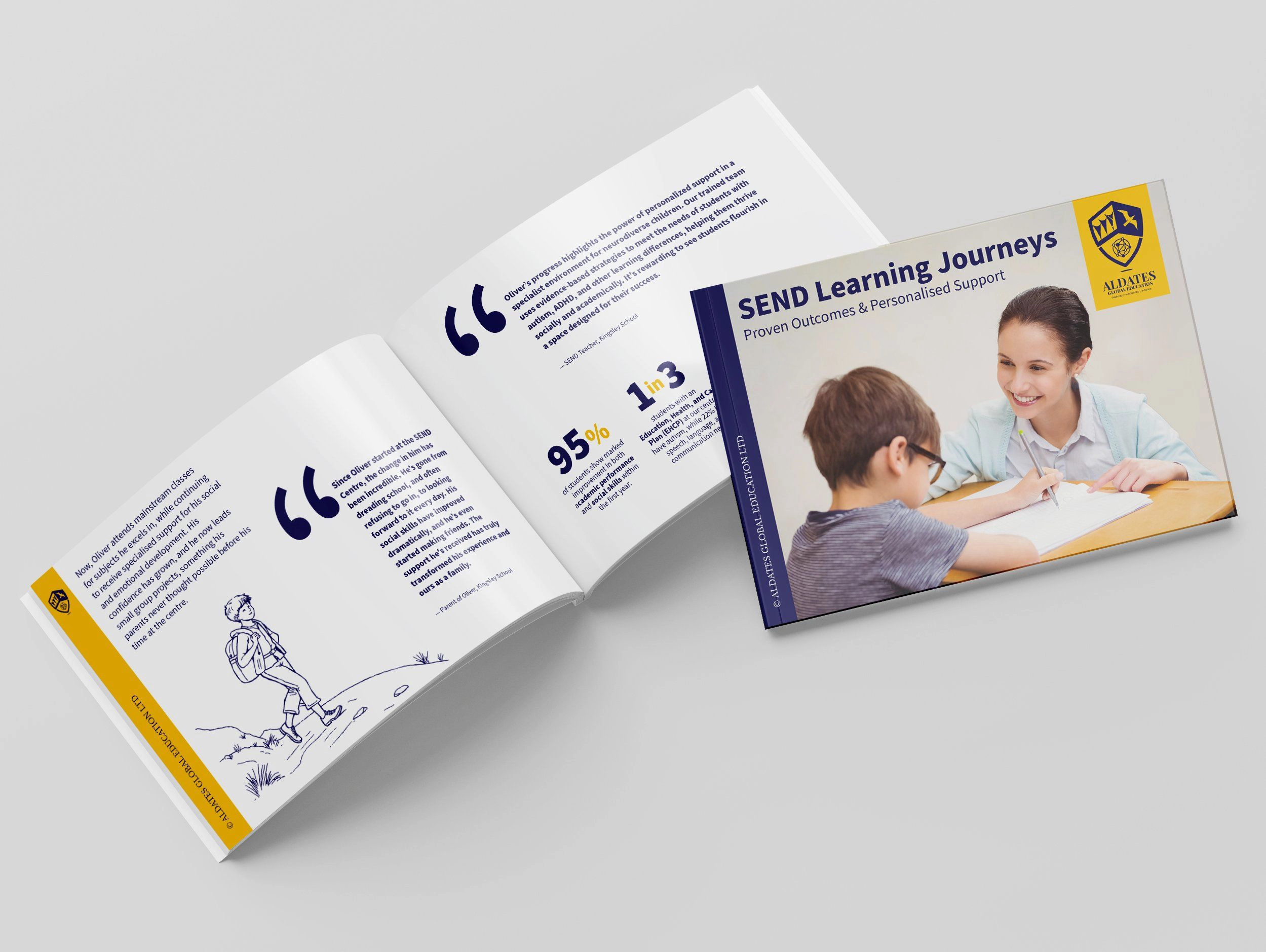 SEND Learning Journeys brochure with children, an illustrated activity and yellow and blue branding