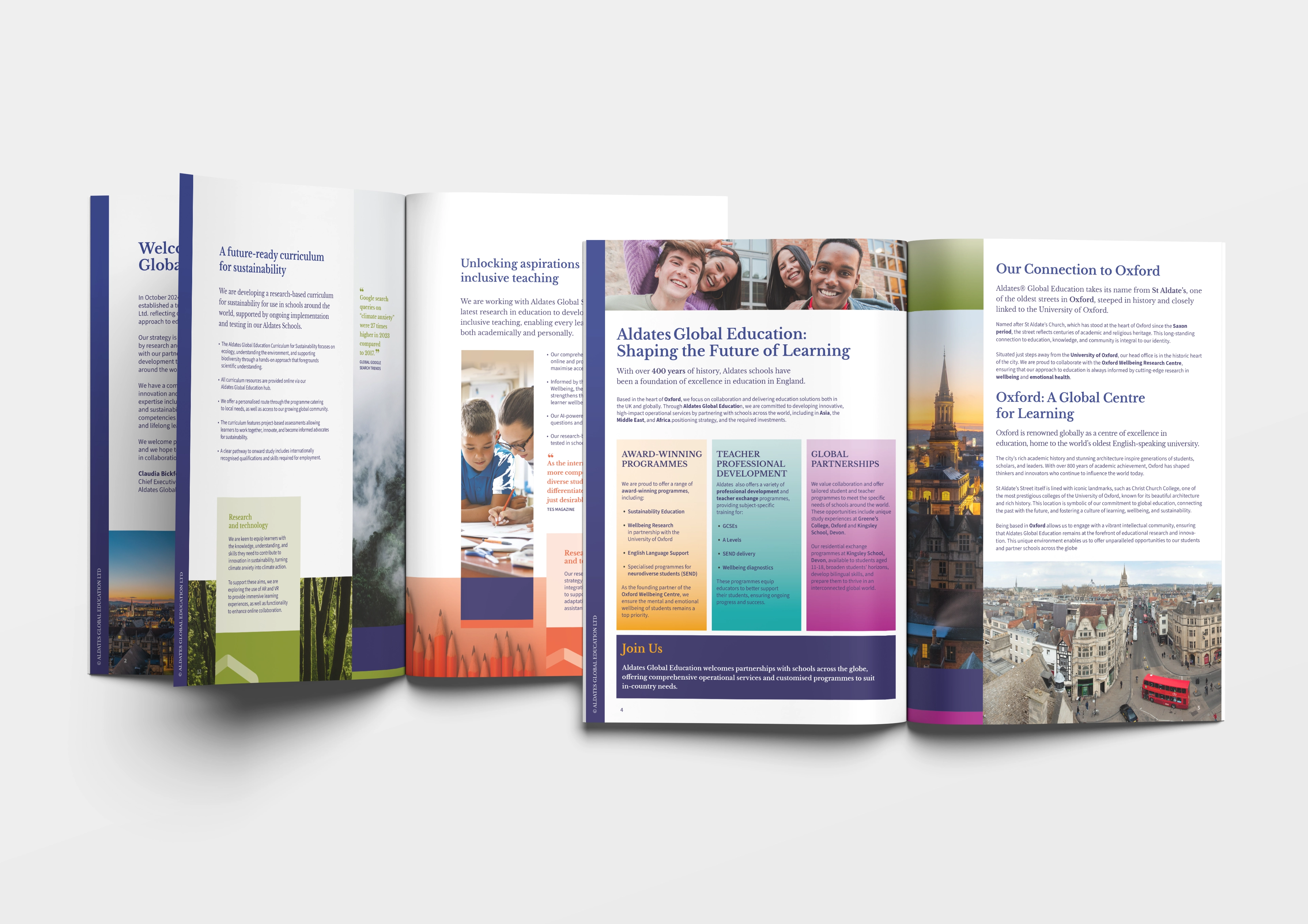 Series of Aldates Global Education magazine pages with colourful columns, photographs and a global theme