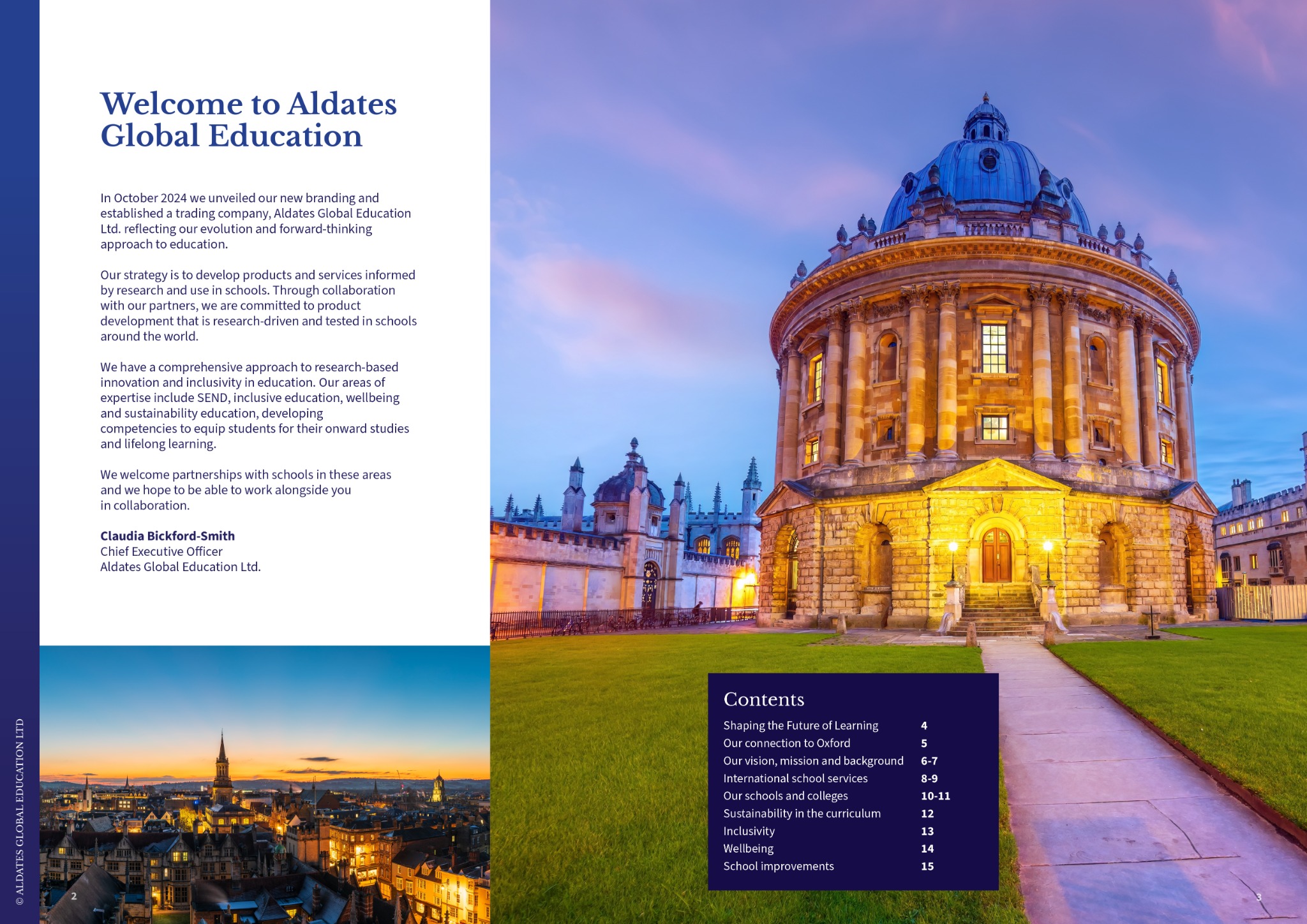 Aldates Global Education brochure pages 2–3, Oxford's Radcliffe Camera, welcome from the CEO and contents