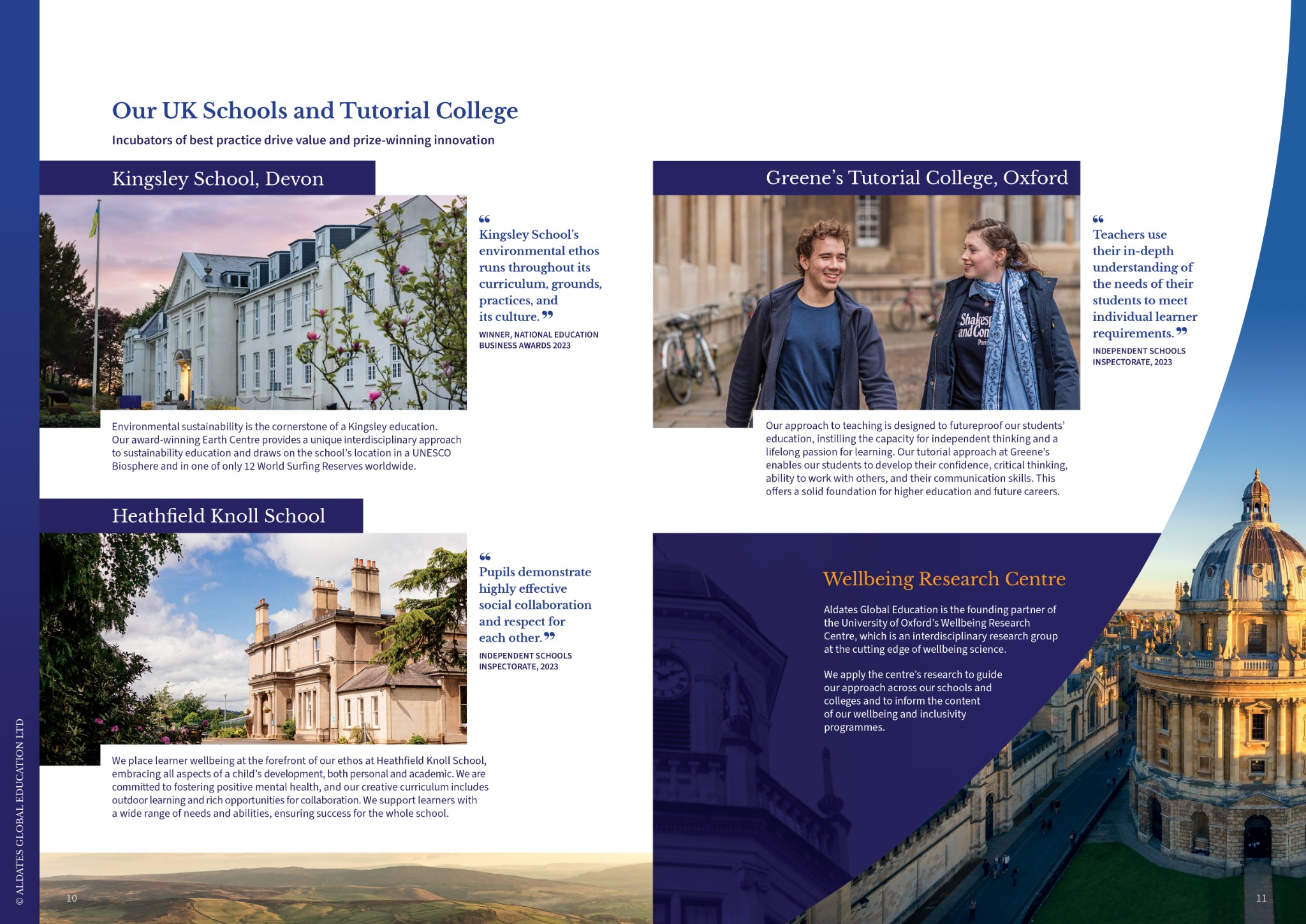 Aldates Global Education brochure pages 10–11, UK schools and tutorial college