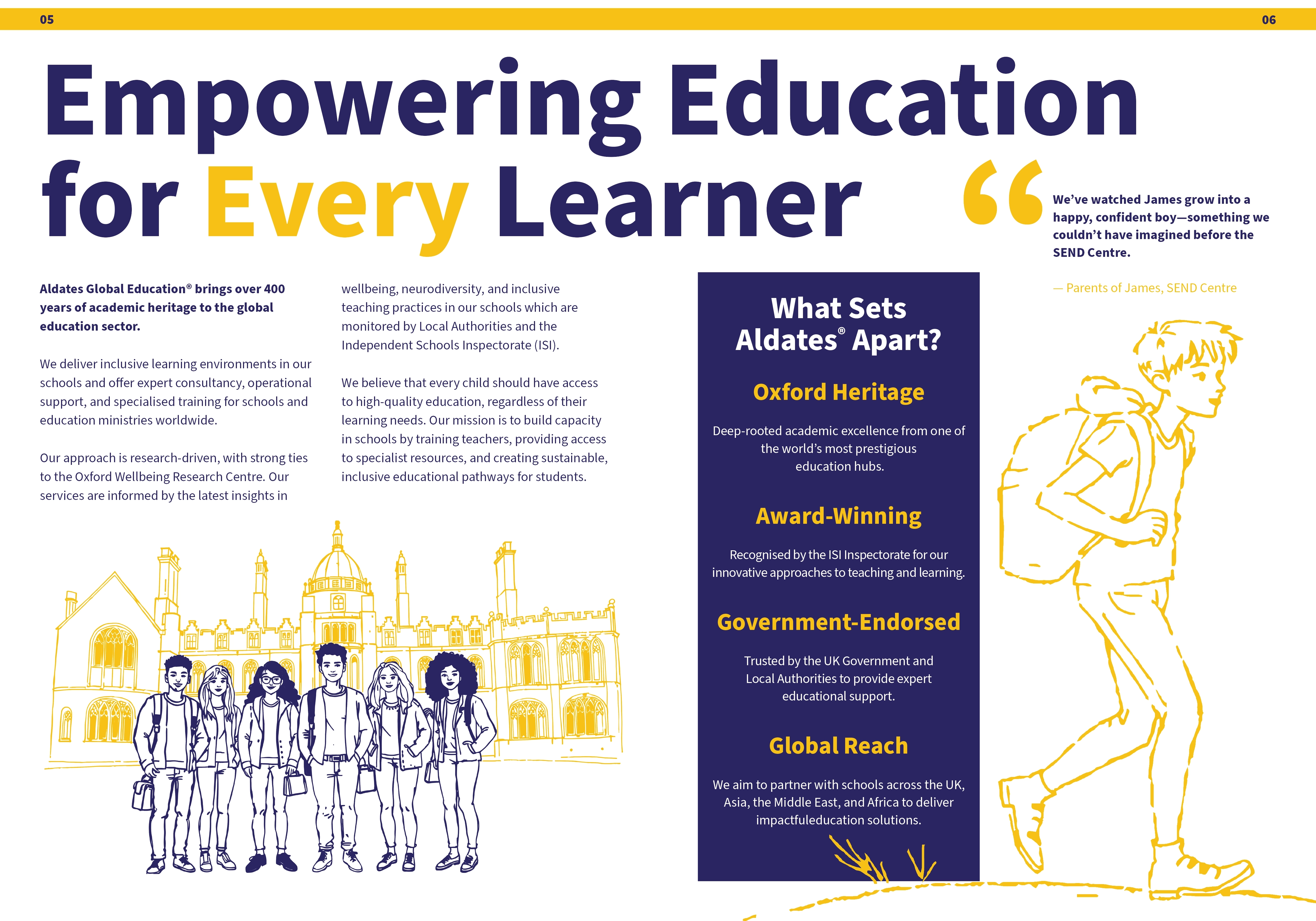 Aldates brochure spread, Empowering Education for Every Learner, with Oxford illustrations in navy and yellow
