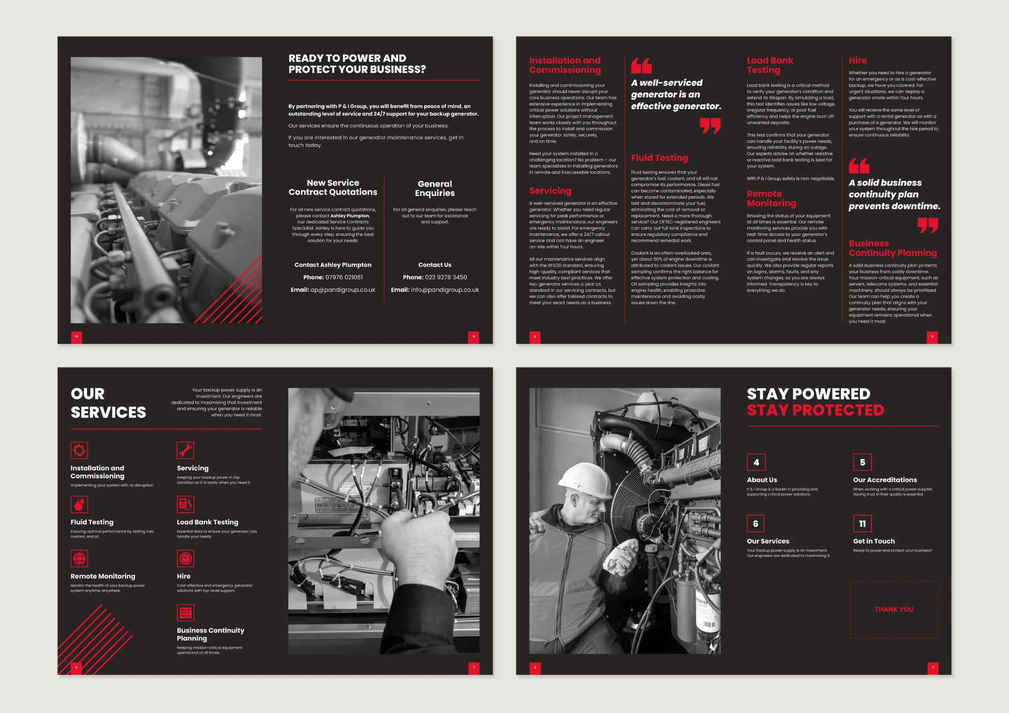 P&I Group brochure spreads with black and white generator photography, charcoal background and red highlights