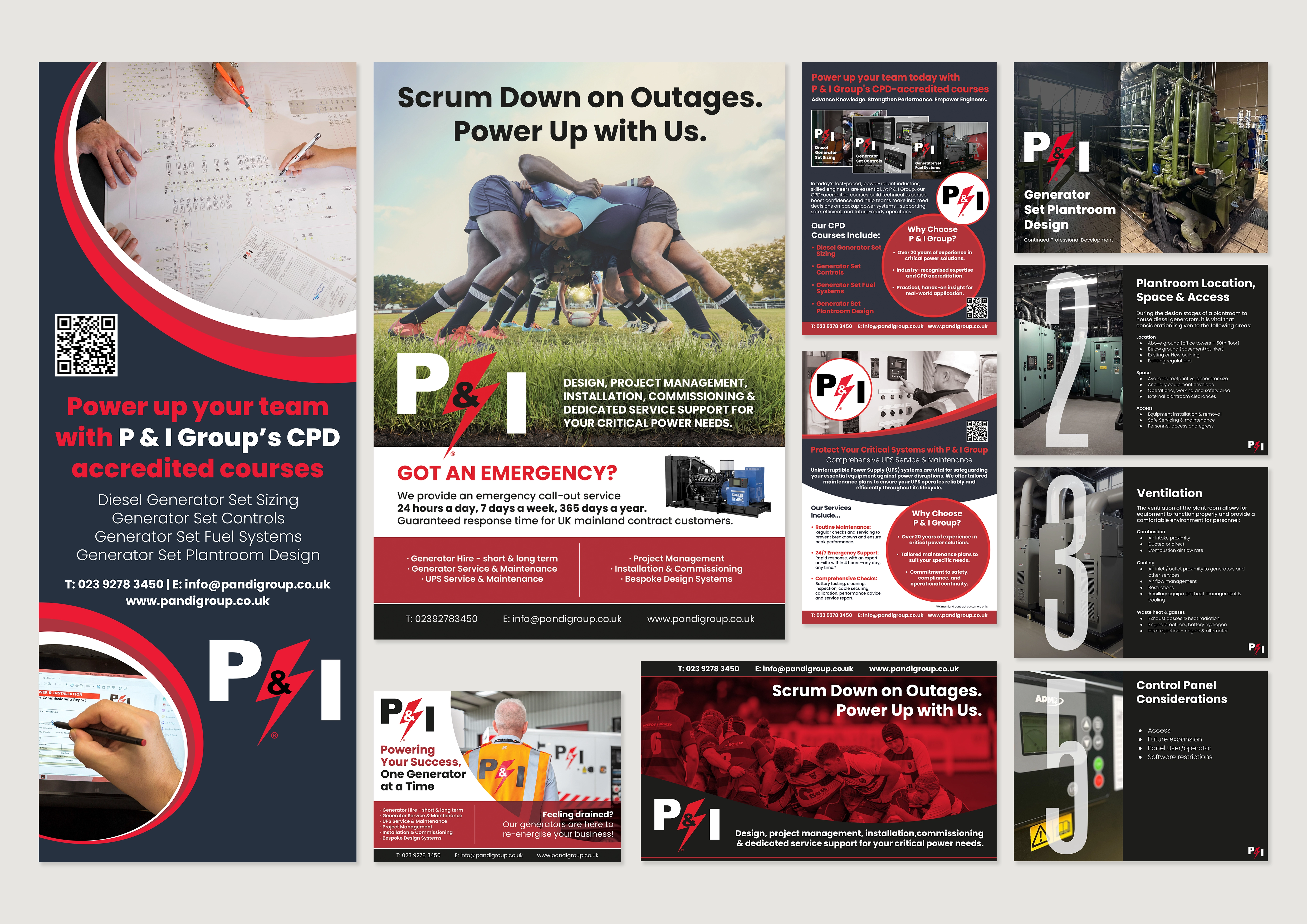 P&I Group advertising, training flyers and generator plant room promotional designs