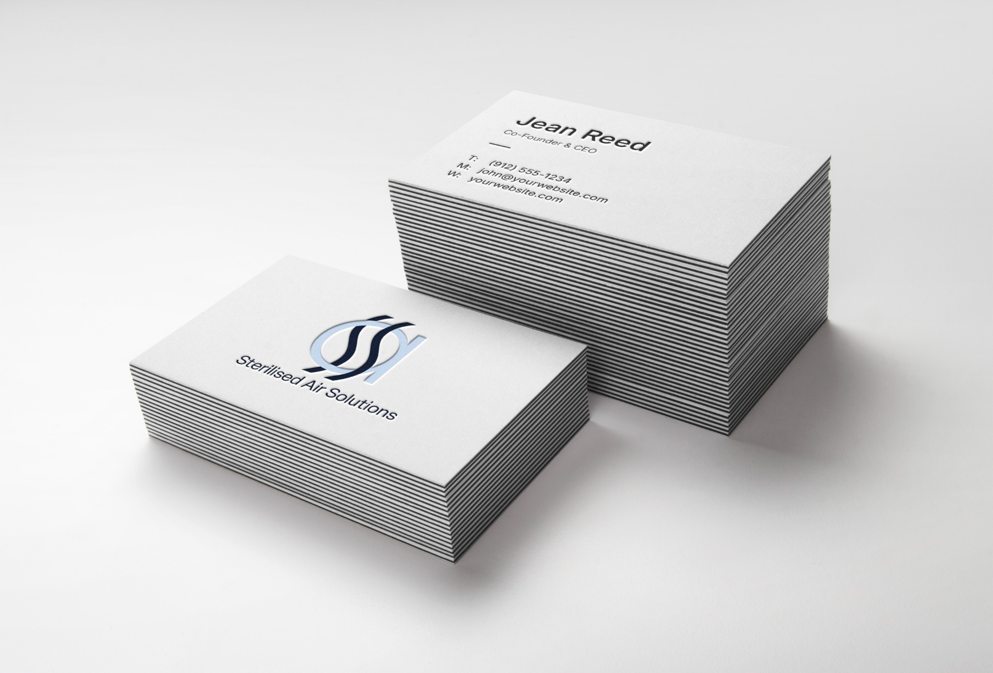 Sterilised Air Solutions identity applied to white business card mockups