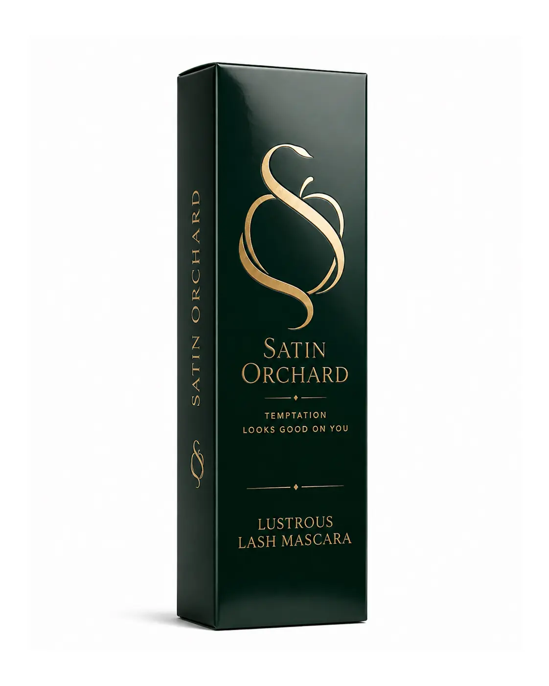 Satin Orchard product packaging in deep green with gold typography