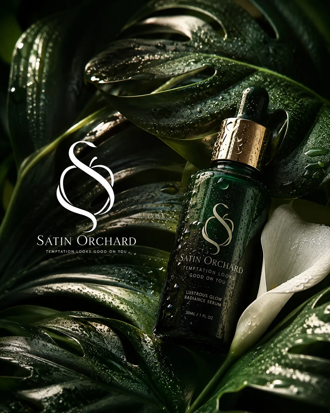 Satin Orchard serum bottle among dark glossy tropical leaves