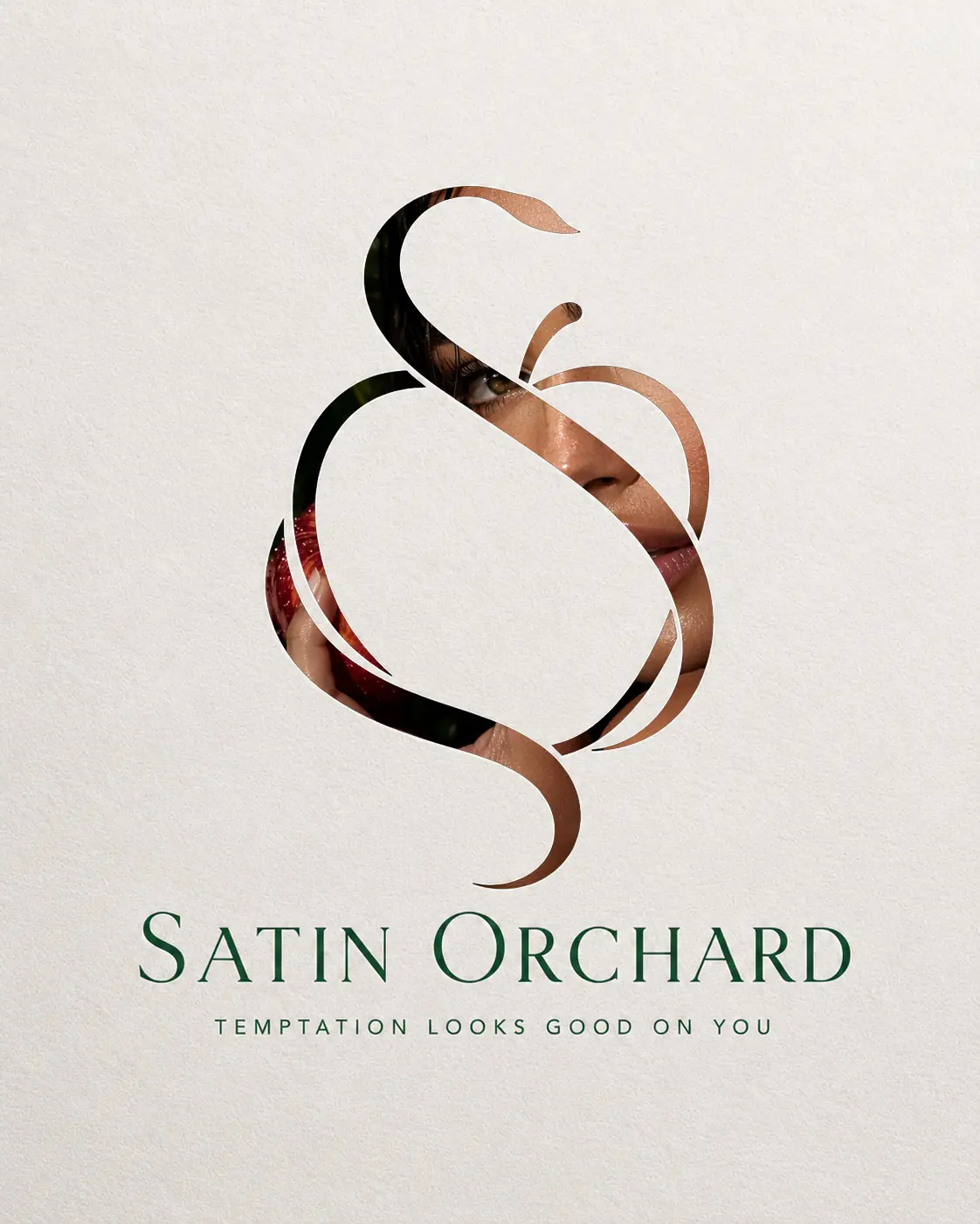 Satin Orchard textured brochure cover with die-cut monogram revealing the image beneath