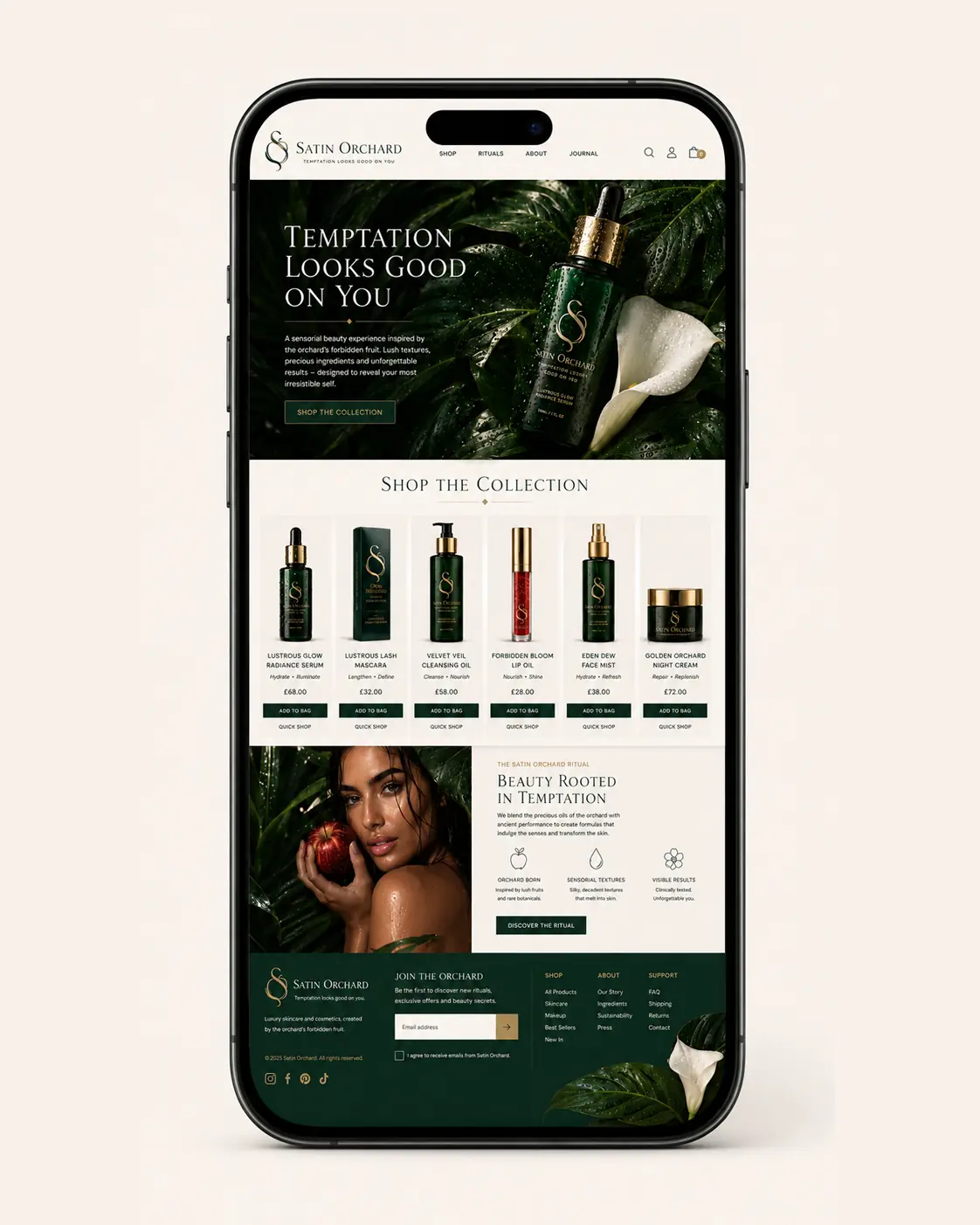 Satin Orchard e-commerce homepage shown on a mobile phone