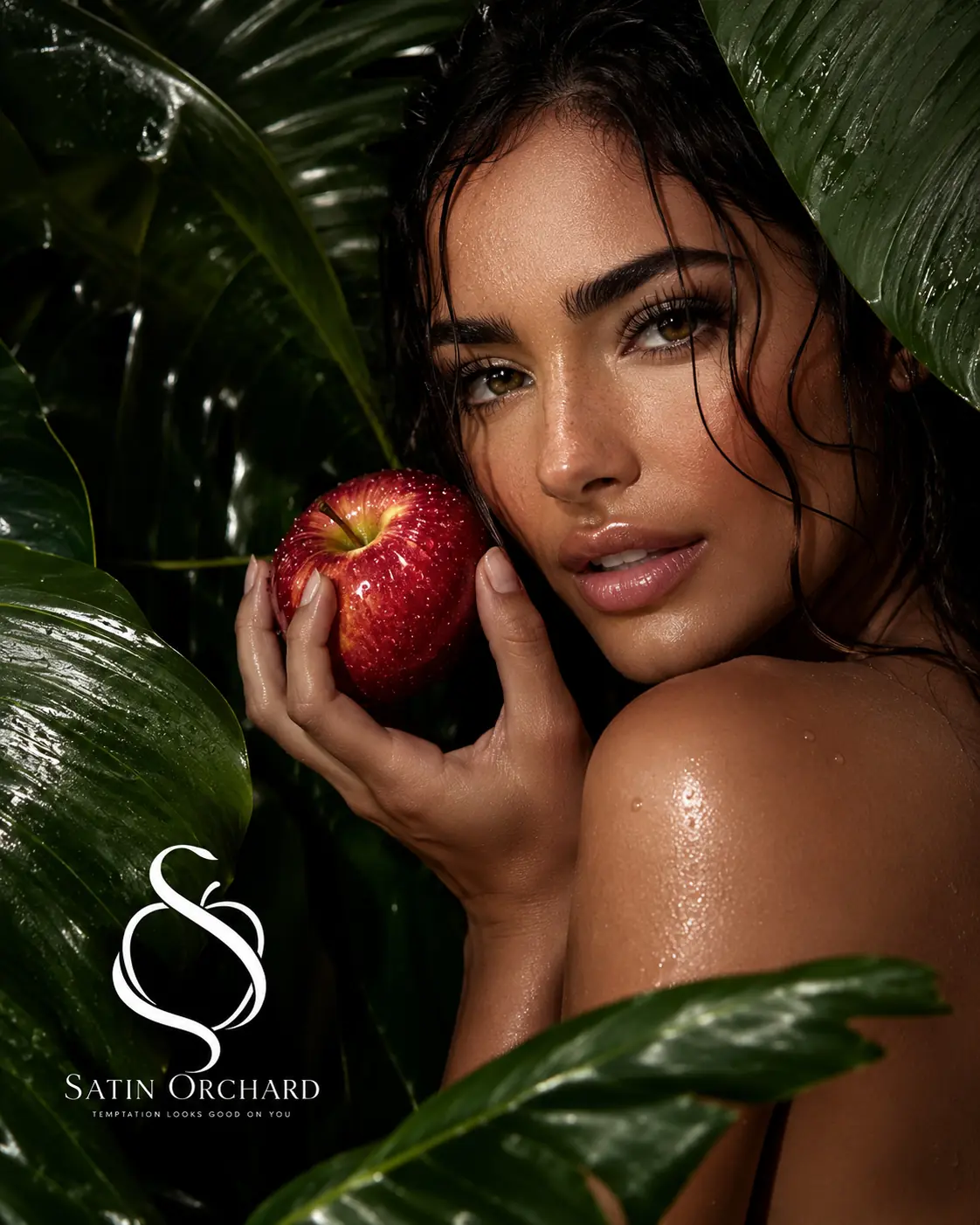 Satin Orchard opening image with model, apple and tropical leaves