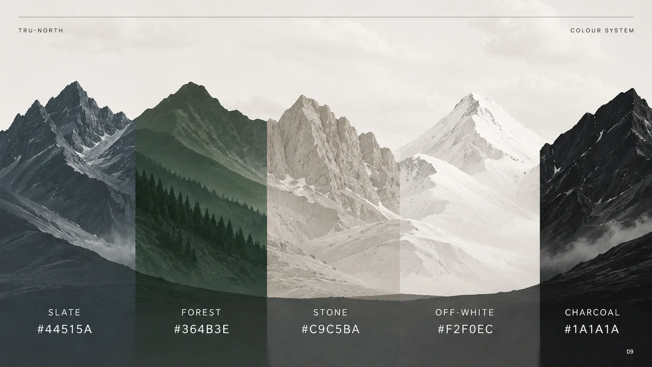 Tru-North colour system derived from slate, forest, stone, off-white and charcoal landscapes