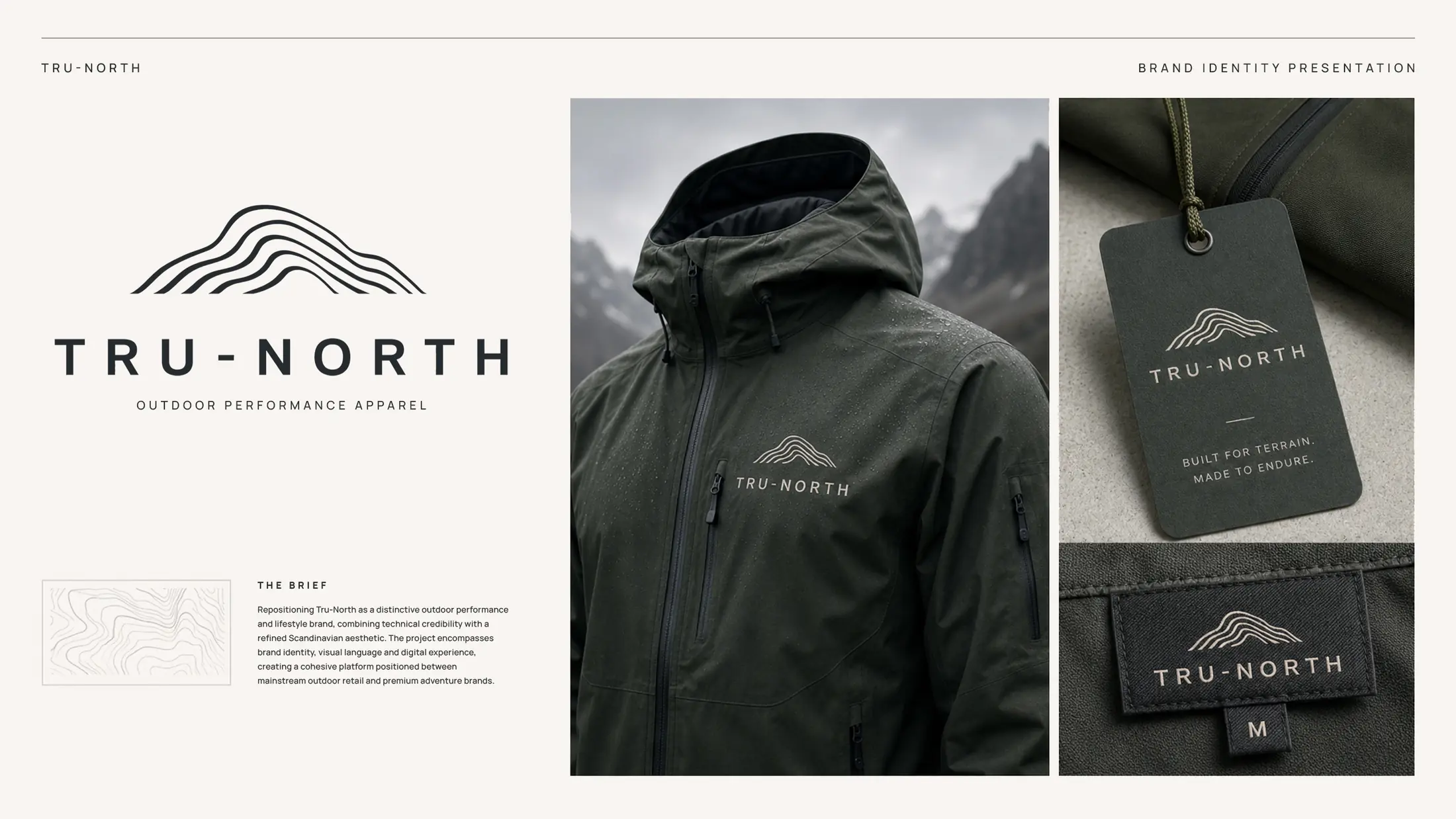 Tru-North identity presentation with mountain-line logo, technical jacket, swing tag and woven label
