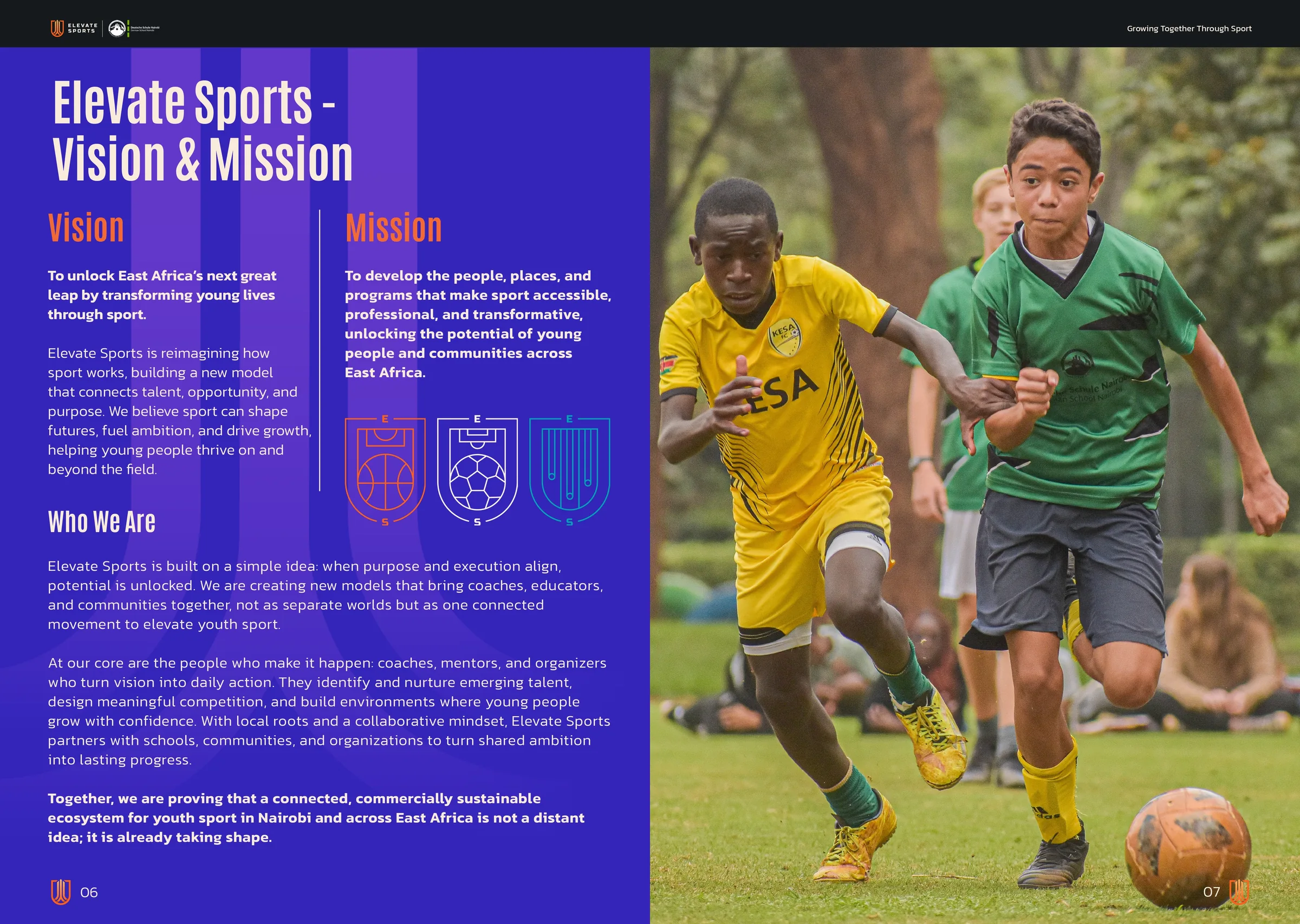 Purple vision and mission spread featuring two young footballers