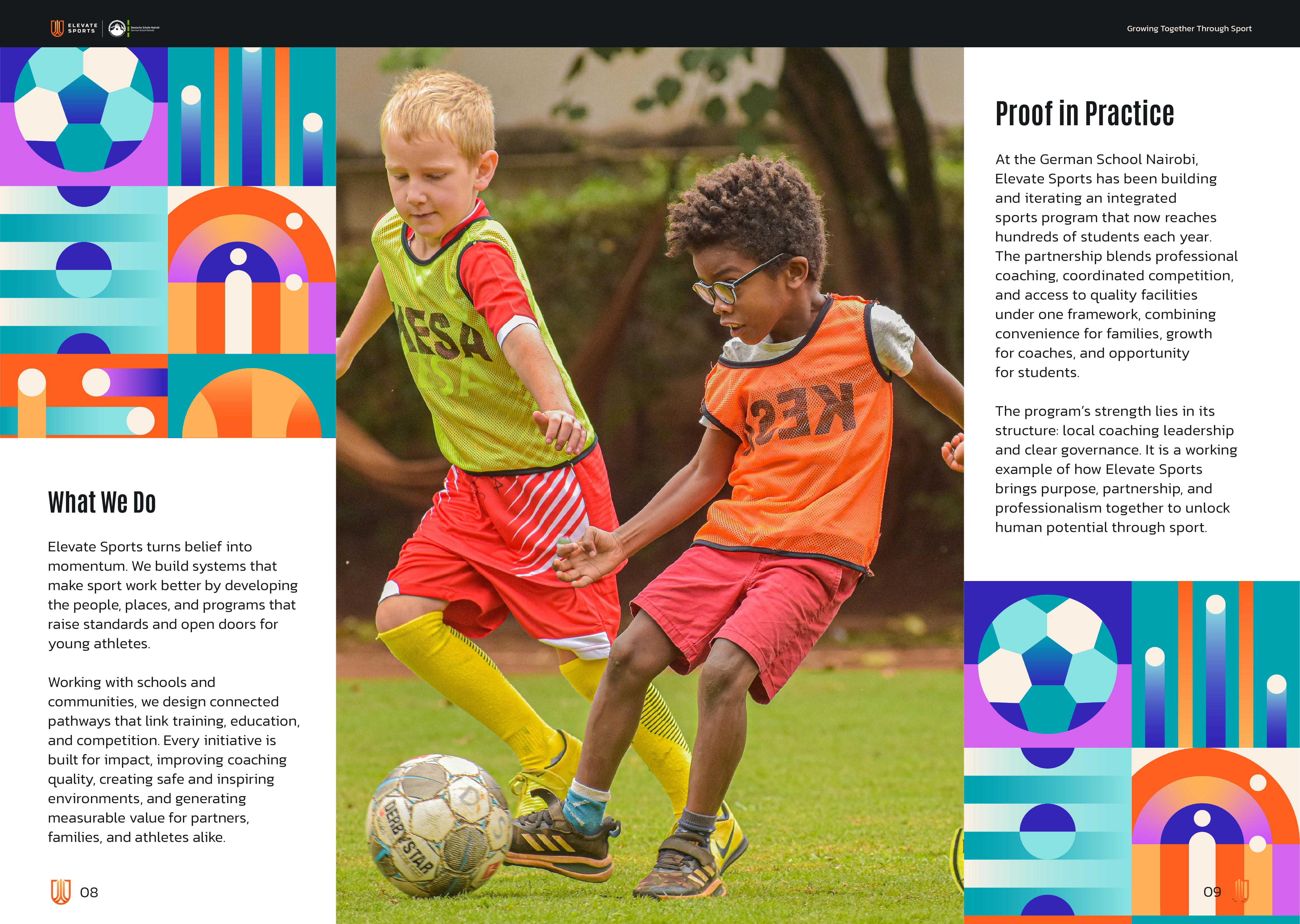 Finished spread with young footballers and bright geometric graphics