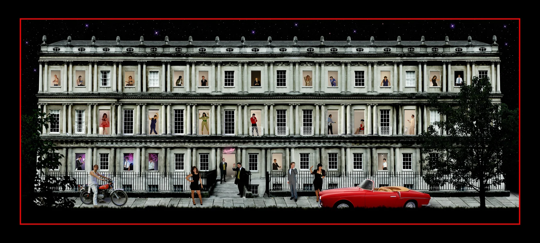 Wide panoramic illustration of an illuminated grand building at night with people and a red car