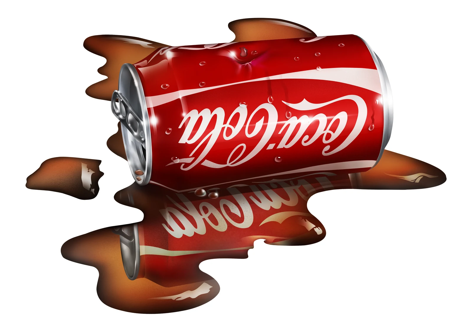 Realistic illustration of a crushed red drinks can spilling across a white surface