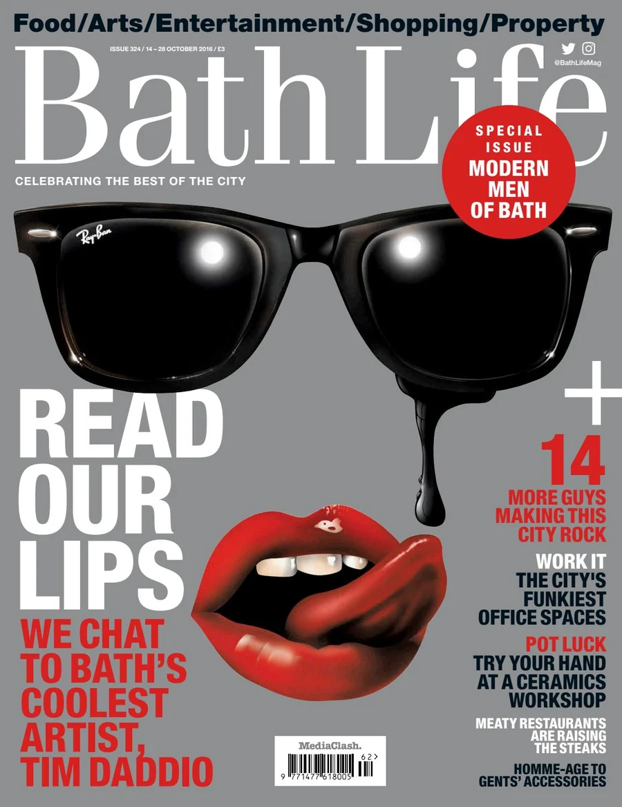 Published Bath Life cover featuring oversized sunglasses and lips illustration