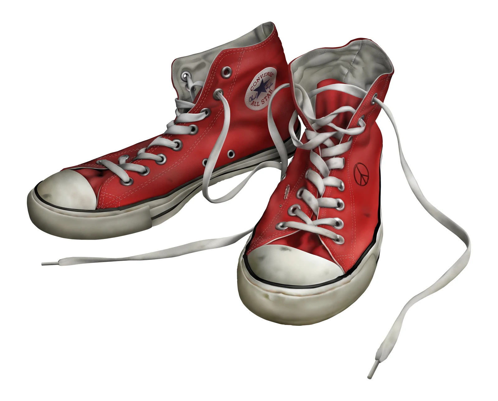 Detailed illustration of worn red Converse trainers on white