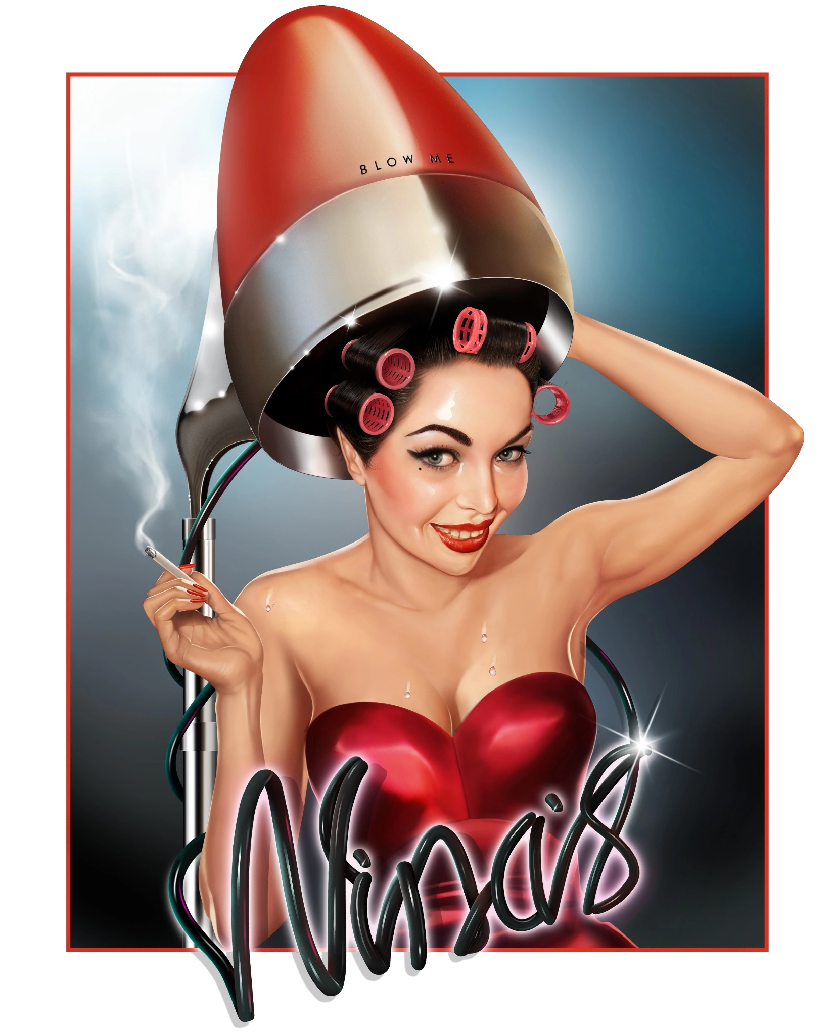 Nina’s Hair Parlour illustration featuring a woman in rollers under a retro red hairdryer