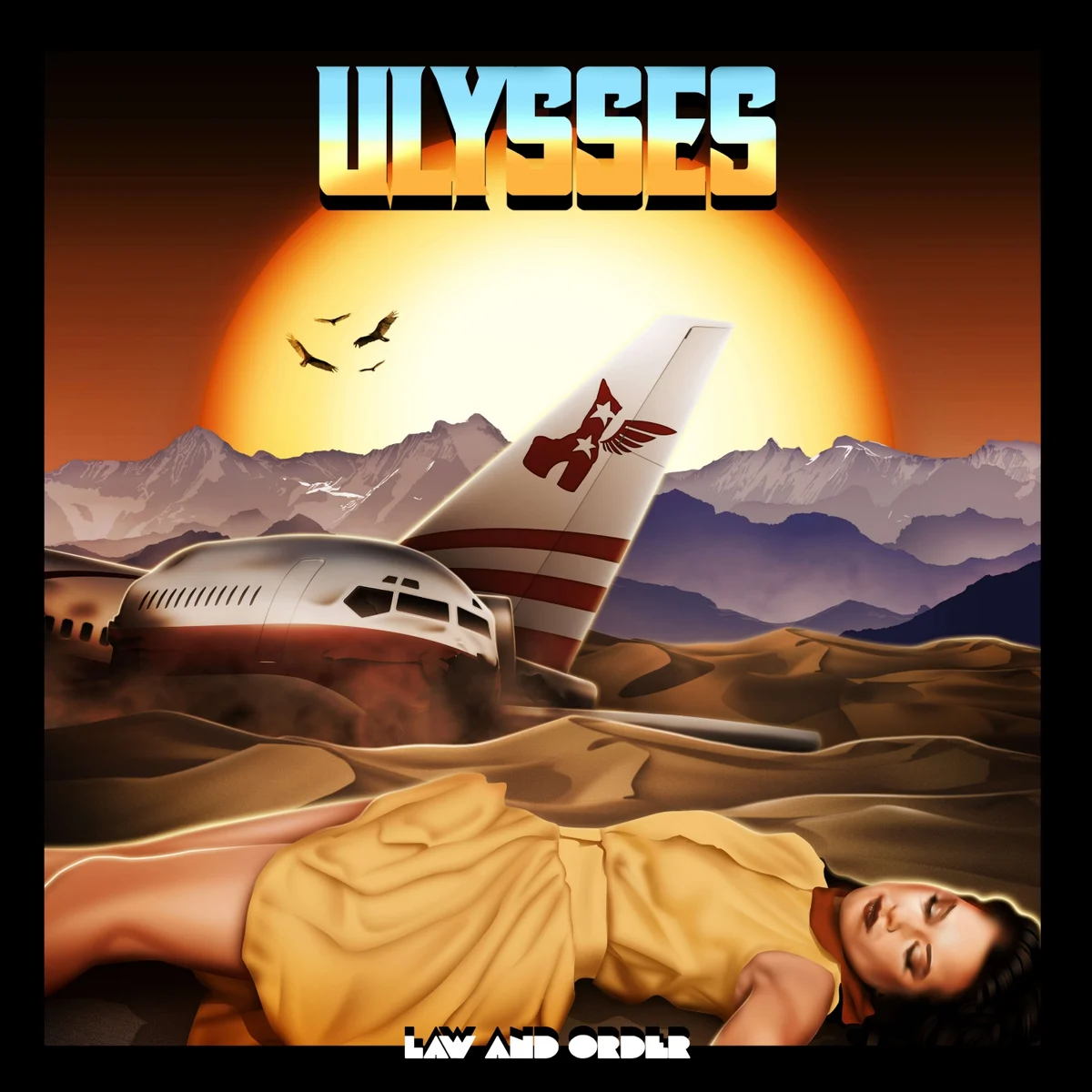 Ulysses artwork showing a dramatic desert crash scene with a reclining figure in the foreground
