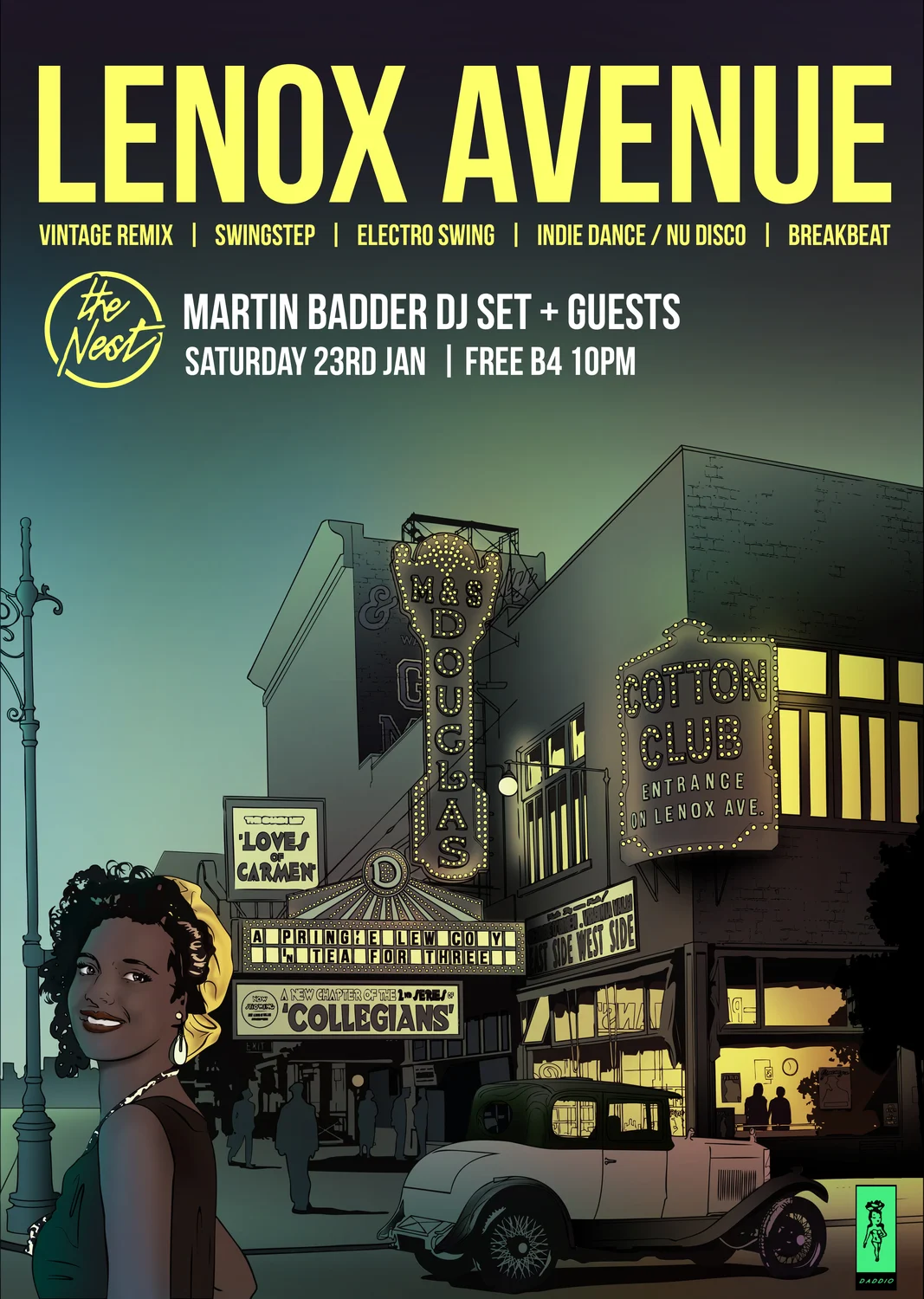 Lenox Avenue vintage-inspired night-time city illustration