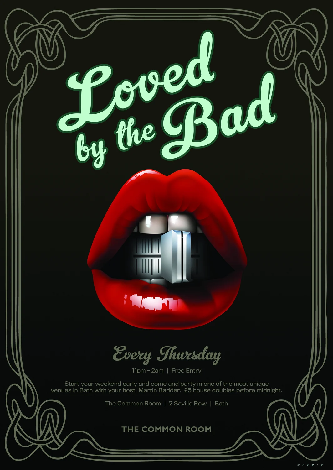 Loved by the Bad poster with stylised red lips and a metallic mouthpiece