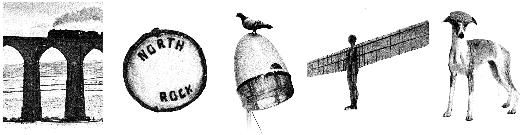 Black-and-white collage of surreal illustration elements including an industrial viaduct, a North Rock drum, a bird on a dome-like structure, the Angel of the North, and a dog in a cap