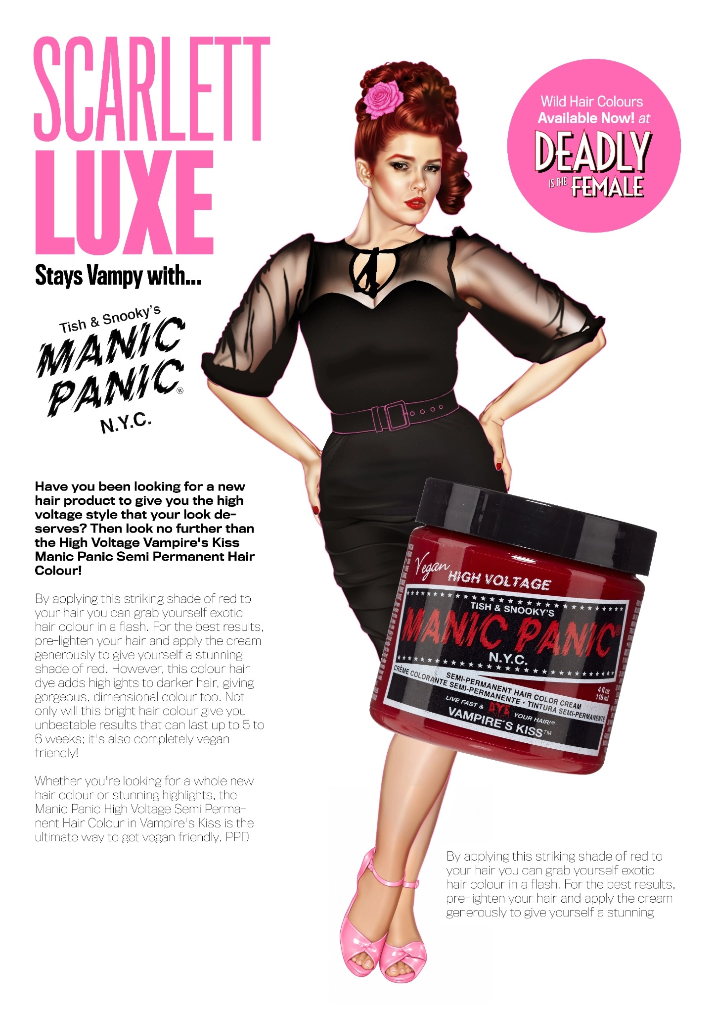 Scarlett Luxe Manic Panic hair colour editorial poster with model and bright pink typography