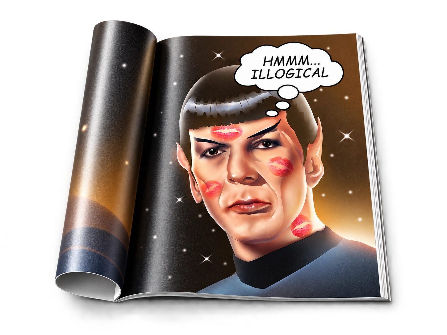 Glossy folded-back magazine featuring Spock with lipstick marks and an illogical thought bubble