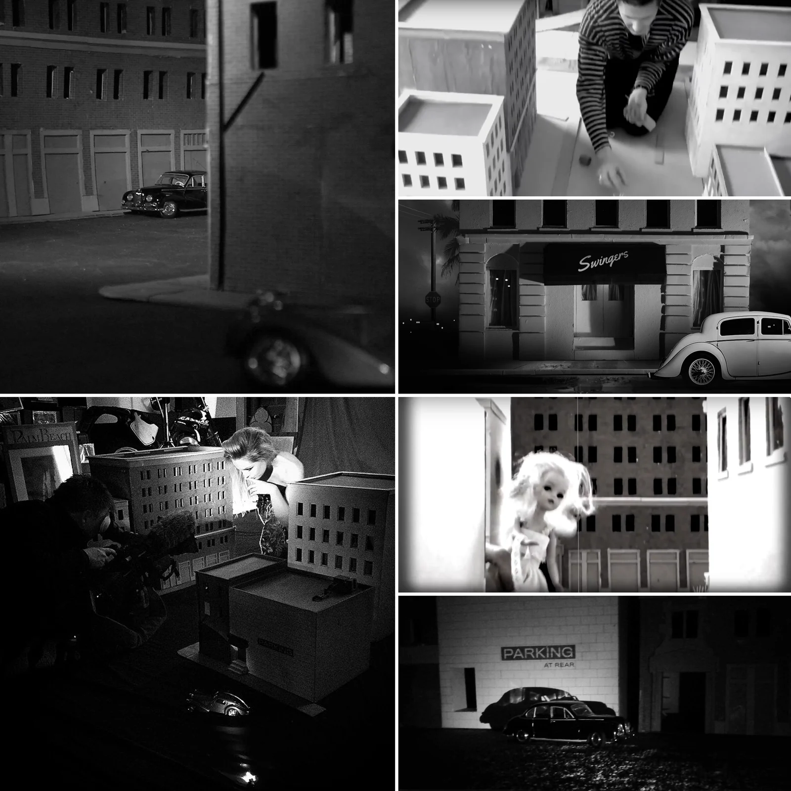 Swingers black-and-white montage showing the miniature city set and filming process