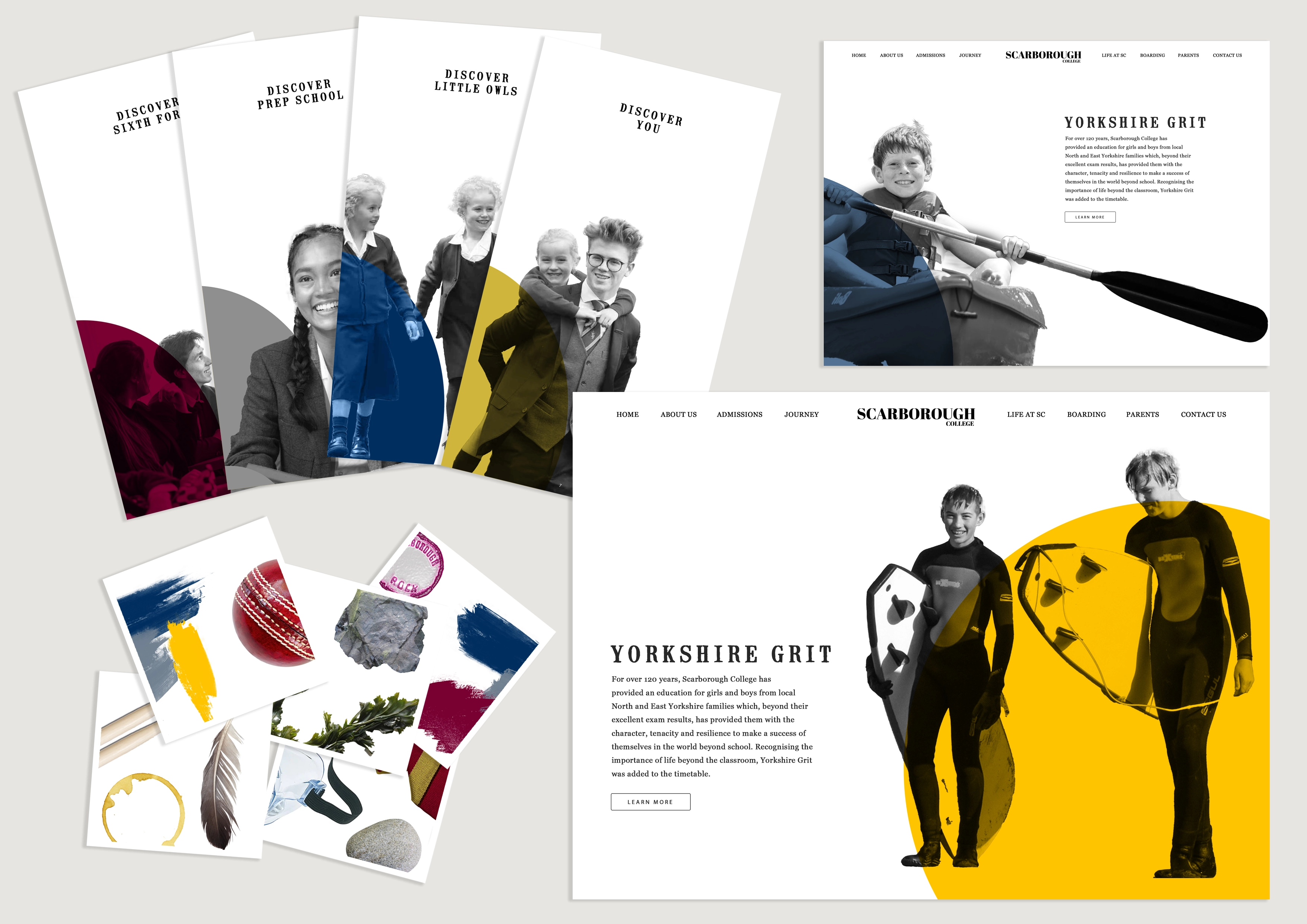 Scarborough College website concepts, prospectuses and coastal-inspired visual moodboard with Yorkshire Grit typography