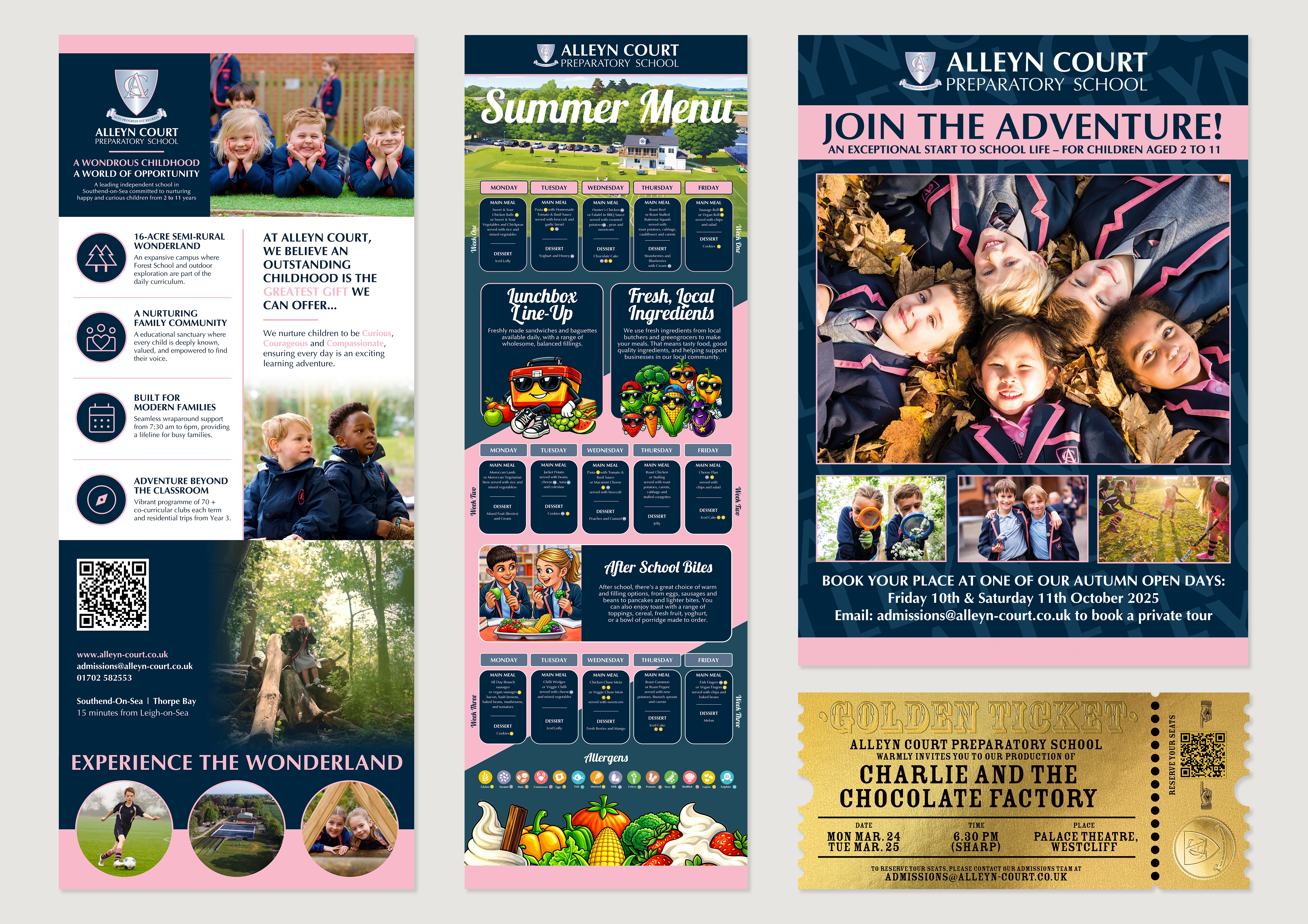 Alleyn Court pink and navy brochure, summer menu, open-day campaign and golden theatre ticket