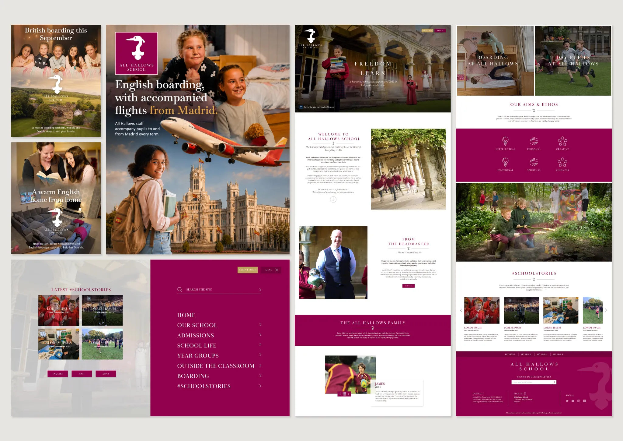 All Hallows School website designs and boarding campaign layouts in burgundy, white and photographic imagery
