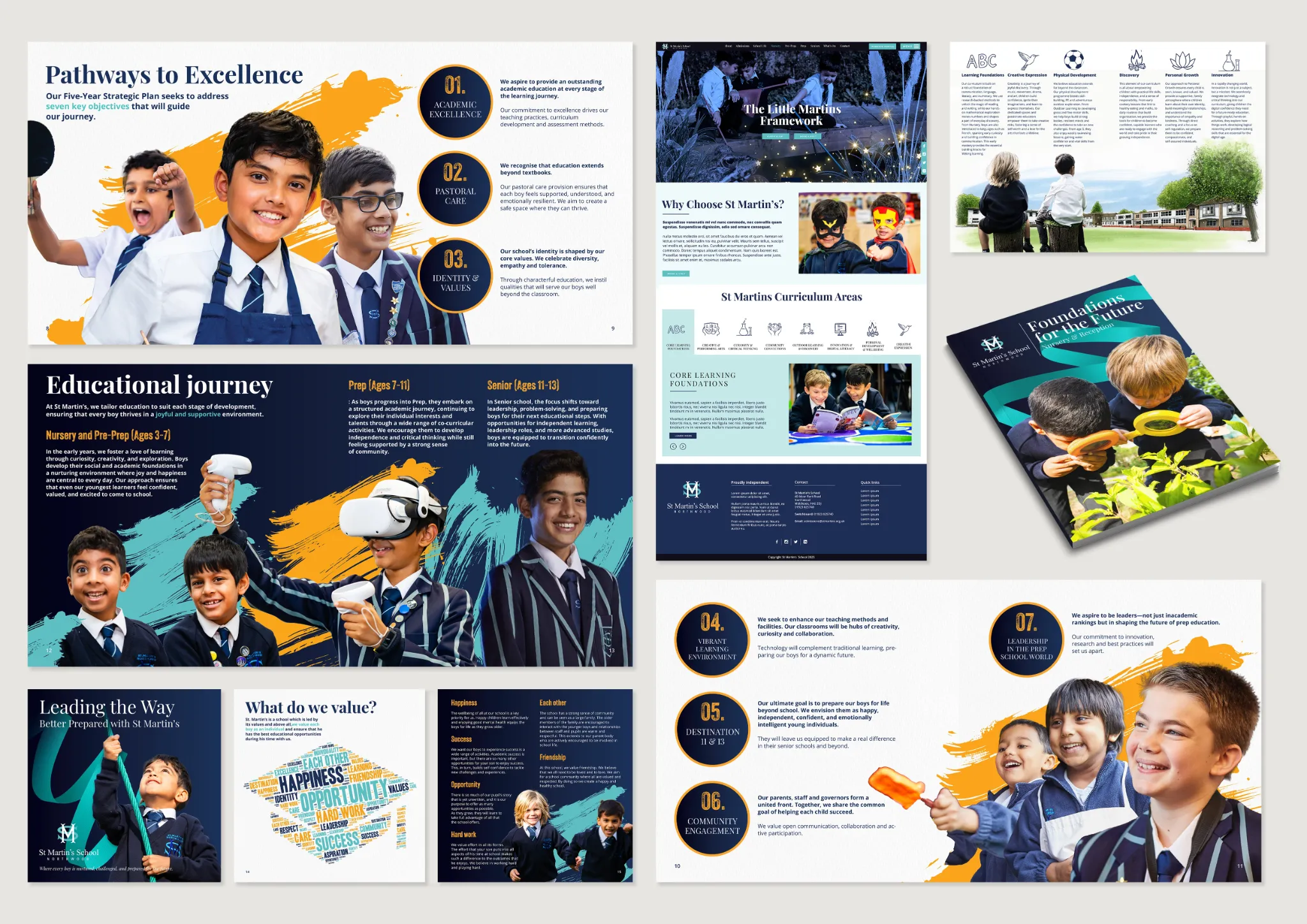 St Martin’s School website designs, prospectus spreads and school strategy graphics in navy, orange and turquoise