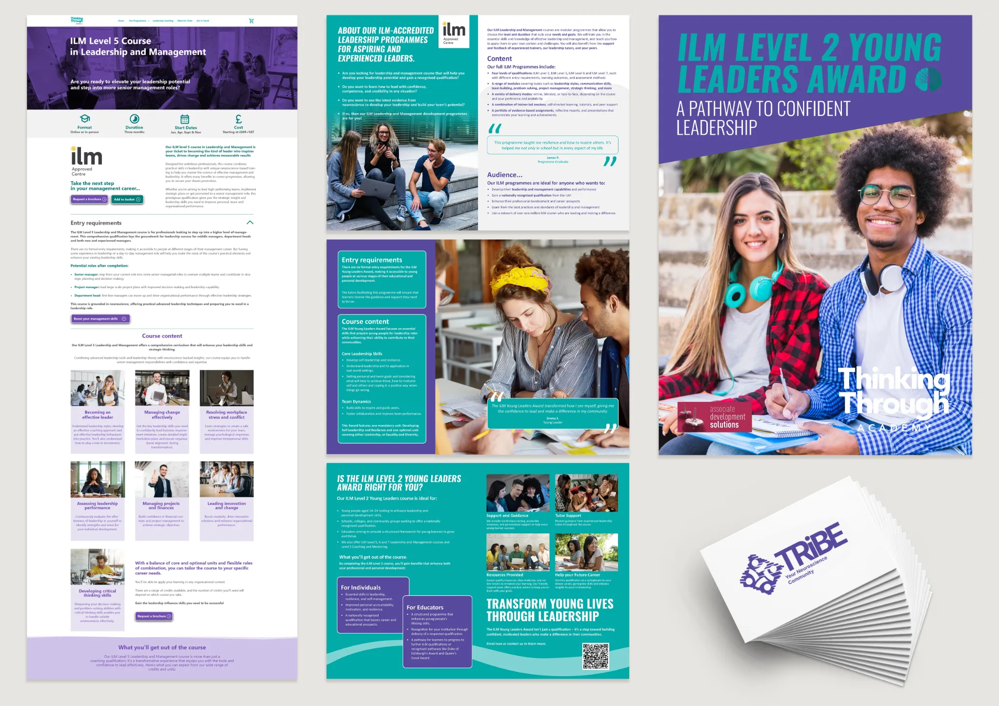 Thinking Through Academy website, leadership course materials, brochure and marketing collateral in purple and turquoise
