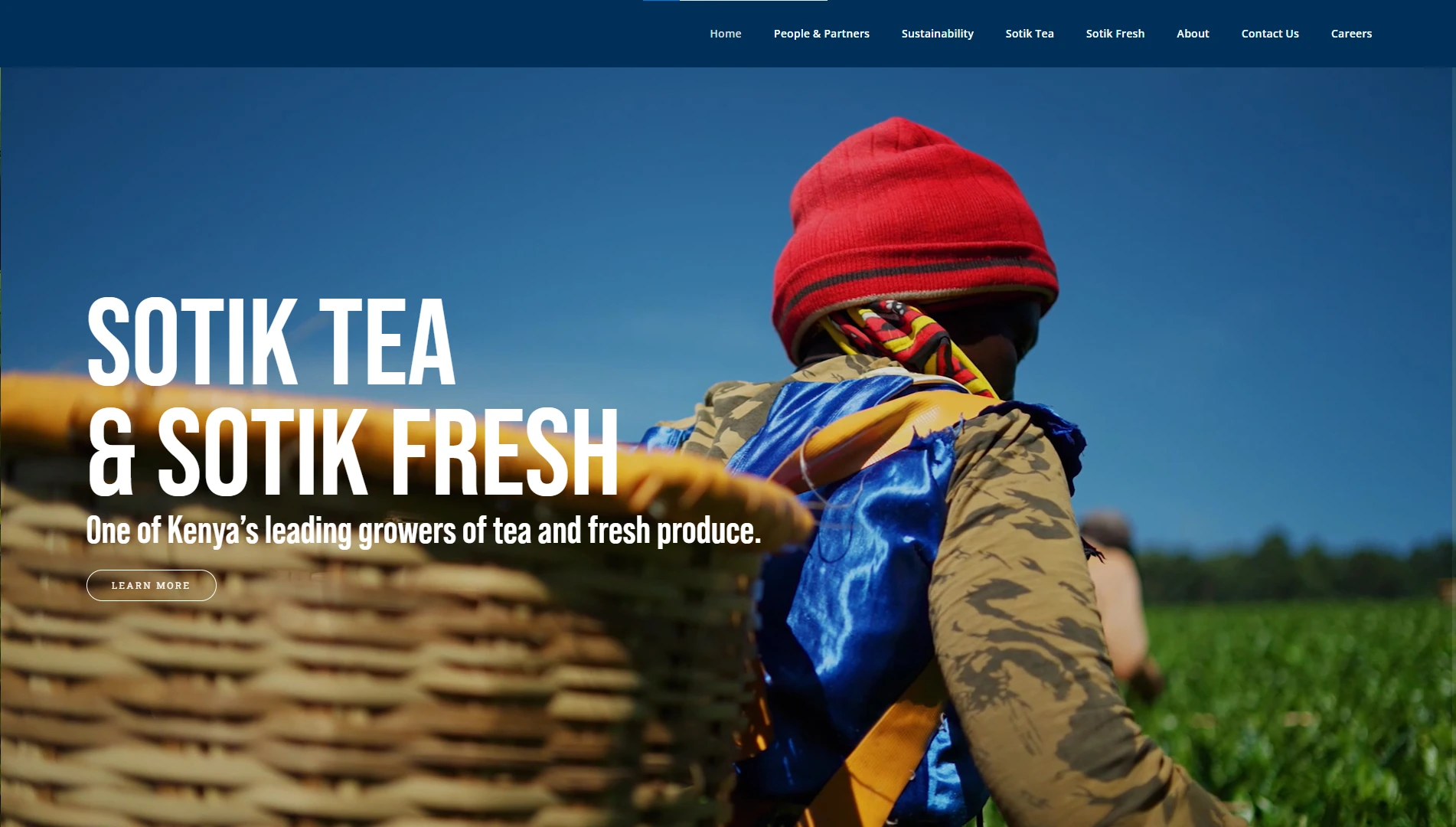 Sotik Tea and Sotik Fresh website banner with a worker in the fields