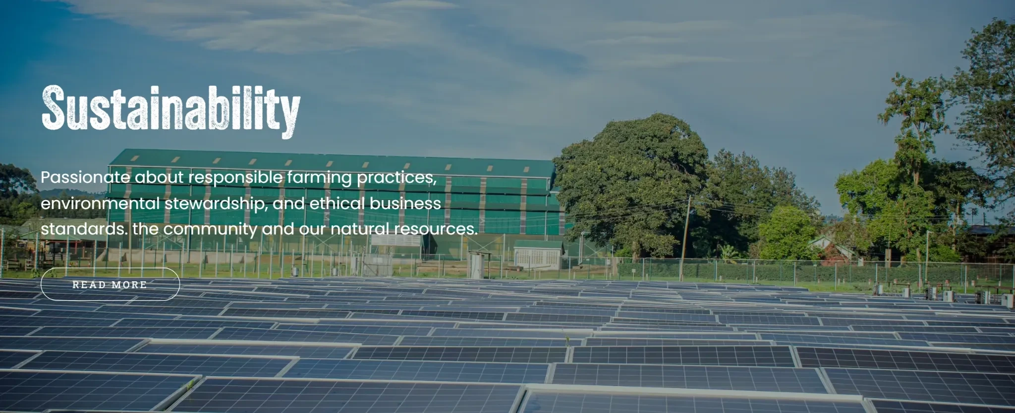 Sustainable Farming website section with solar panels and environmental initiatives